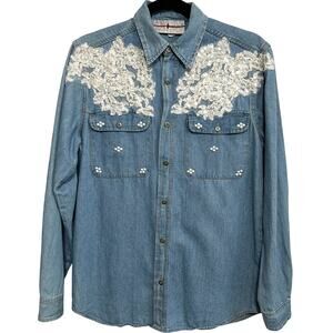 Vintage Robin Berry Pearl Lace Yoke Denim Western Snap Shirt M USA Cowgirl Rodeo